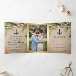 Rustic Burlap Tropical Palm Anchor Lights Wedding Drieluik Uitnodiging