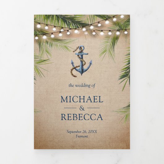 Rustic Burlap Tropical Palm Anchor QR Code Weddens Drieluik Uitnodiging (Cover)
