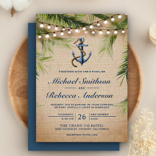Rustic Burlap Tropical Palm Leaves Anchor Wedding Kaart