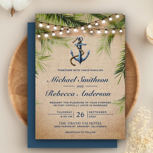 Rustic Burlap Tropical Palm Leaves Anchor Wedding Kaart