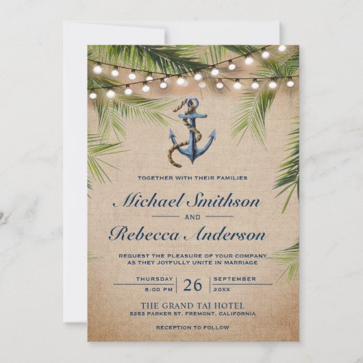 Rustic Burlap Tropical Palm Leaves Anchor Wedding Kaart (Voorkant)