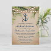 Rustic Burlap Tropical Palm Leaves Anchor Wedding Kaart (Staand voorkant)