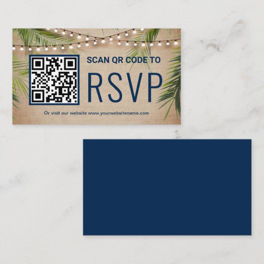 Rustic Burlap Tropical Palm QR Code RSVP Weddensch Informatiekaartje (Voorkant / Achterkant)