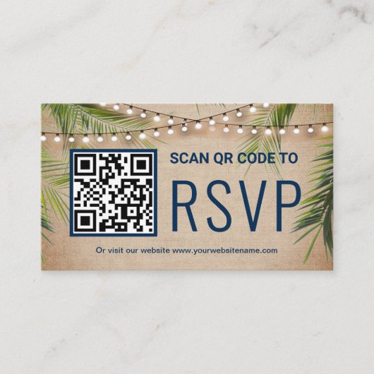 Rustic Burlap Tropical Palm QR Code RSVP Weddensch Informatiekaartje (Voorkant)