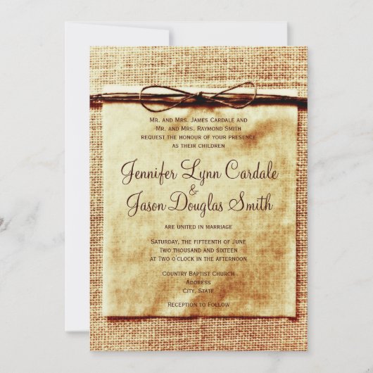 Rustic Burlap Twine Distress Wedding Invitation Kaart (Voorkant)