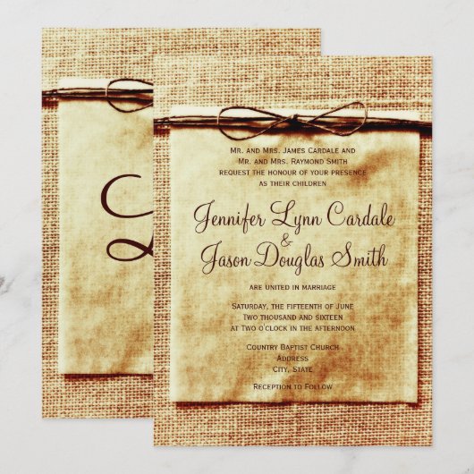 Rustic Burlap Twine Distress Wedding Invitation Kaart (Voorkant / Achterkant)
