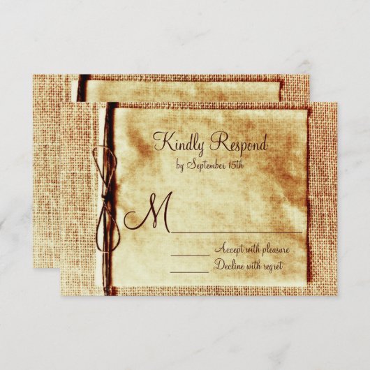 Rustic Burlap Twine Distress Wedding RSVP-kaarten RSVP Kaartje (Voorkant / Achterkant)