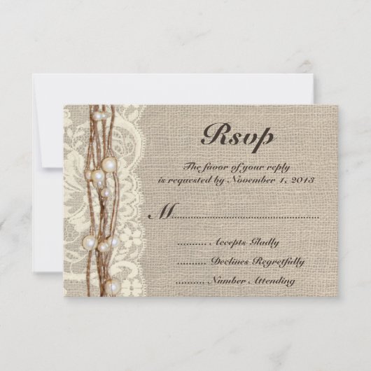 Rustic Burlap Twine Pearls Wedding Invitation RSVP Kaartje (Voorkant)