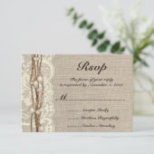 Rustic Burlap Twine Pearls Wedding Invitation RSVP Kaartje (Staand voorkant)