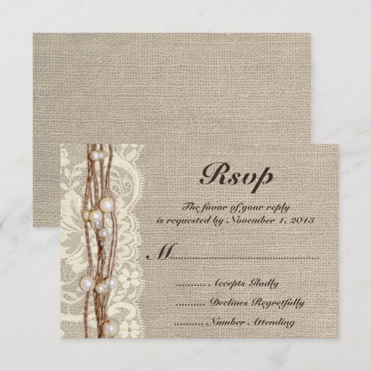 Rustic Burlap Twine Pearls Wedding Invitation RSVP Kaartje (Voorkant / Achterkant)