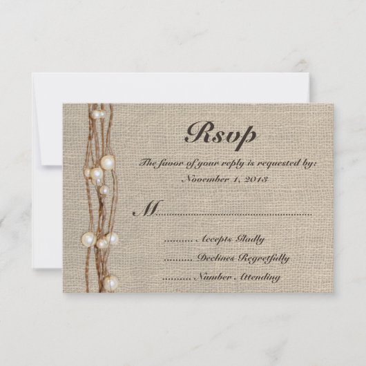 Rustic Burlap Twine Pearls Wedding Invitation RSVP Kaartje (Voorkant)