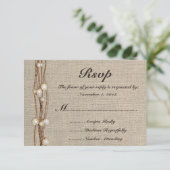 Rustic Burlap Twine Pearls Wedding Invitation RSVP Kaartje (Staand voorkant)