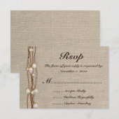 Rustic Burlap Twine Pearls Wedding Invitation RSVP Kaartje (Voorkant / Achterkant)