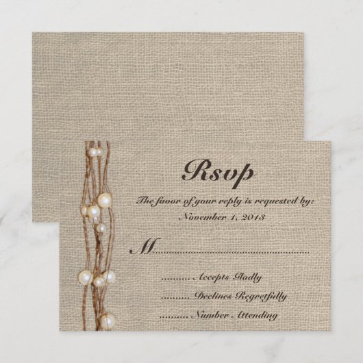 Rustic Burlap Twine Pearls Wedding Invitation RSVP Kaartje (Voorkant / Achterkant)