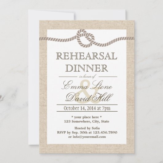 Rustic Burlap Tying the Knot Rehearsal Dinner Kaart (Voorkant)