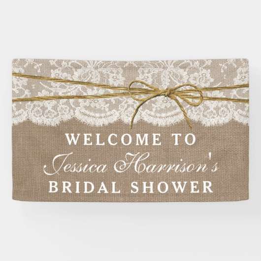 Rustic Burlap, Vrijgezellenfeest met kant en twijn Spandoek (Horizontaal)