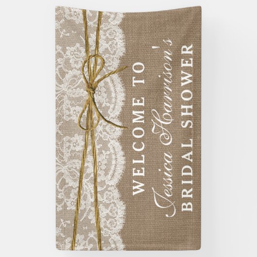 Rustic Burlap, Vrijgezellenfeest met kant en twijn Spandoek (Verticaal)