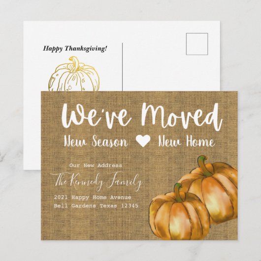 Rustic Burlap Waterverf Pumpkin Herfst Moving Aankondigingskaart (Voorkant / Achterkant)