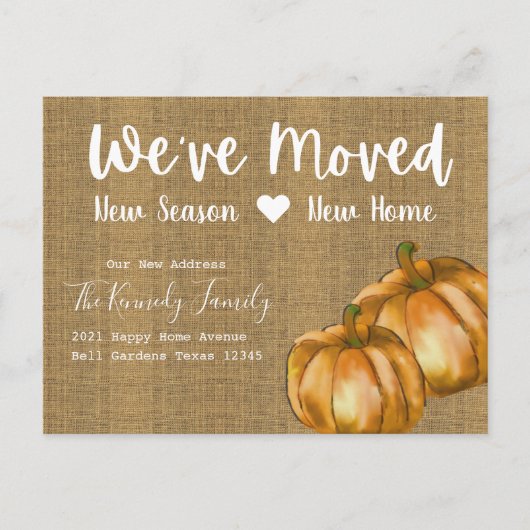 Rustic Burlap Waterverf Pumpkin Herfst Moving Aankondigingskaart (Voorkant)