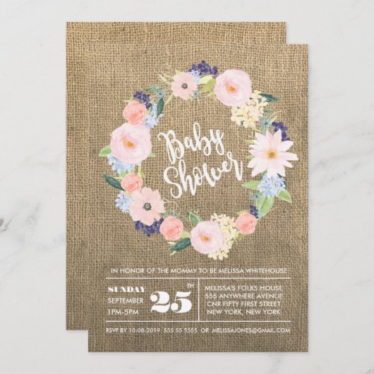 Rustic Burlap Waterverf Wreath Baby shower Invite Kaart (Voorkant / Achterkant)