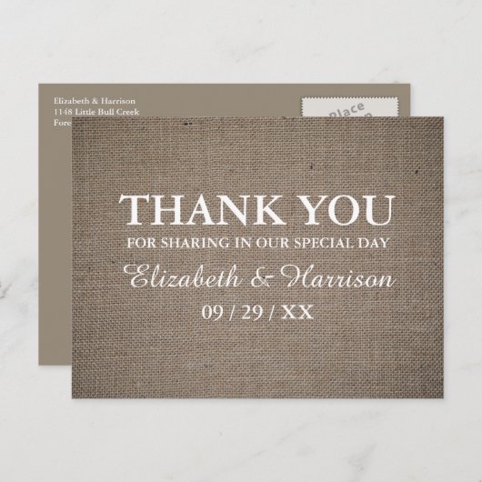 Rustic Burlap Wedding Bedankt Briefkaart (Voorkant / Achterkant)