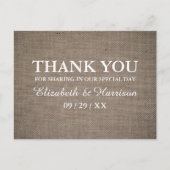 Rustic Burlap Wedding Bedankt Briefkaart (Voorkant)