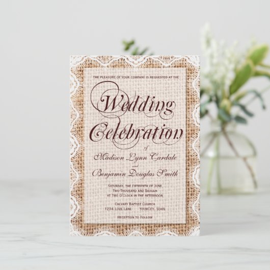 Rustic Burlap Wedding Celebration Invitations Kaart (Staand voorkant)