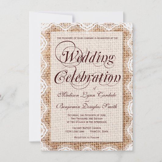 Rustic Burlap Wedding Celebration Invitations Kaart (Voorkant)