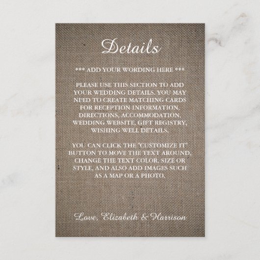 Rustic Burlap Wedding Detail Informatiekaartje (Voorkant)