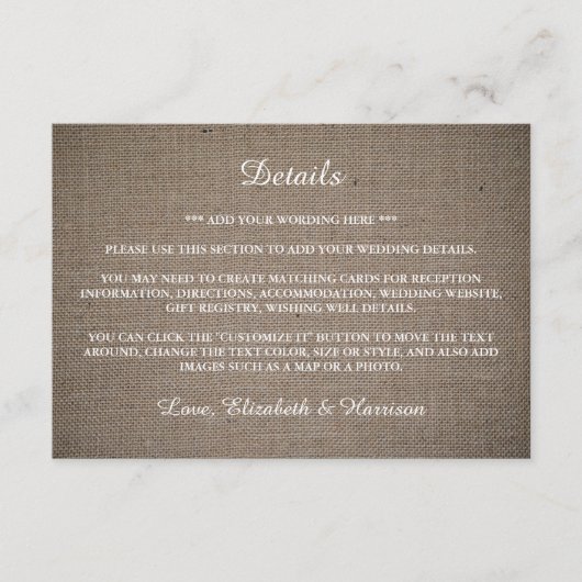 Rustic Burlap Wedding Detail Informatiekaartje (Voorkant)