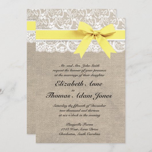 Rustic Burlap Wedding Invitation Yellow Kaart (Voorkant / Achterkant)