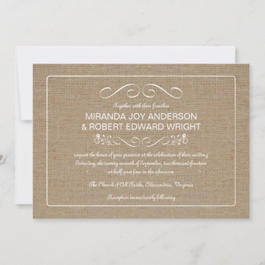 Rustic Burlap Wedding Invitations Natural Tan Kaart (Voorkant)
