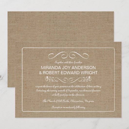 Rustic Burlap Wedding Invitations Natural Tan Kaart (Voorkant / Achterkant)