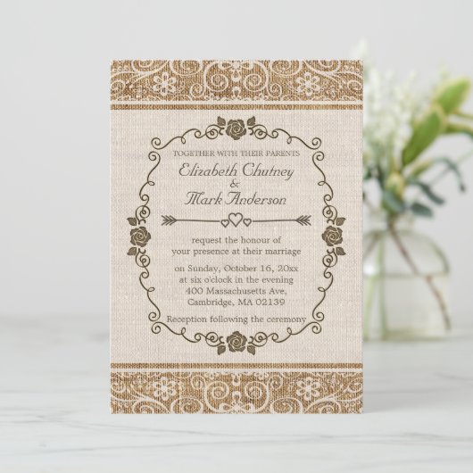 Rustic Burlap Wedding Kaart (Staand voorkant)