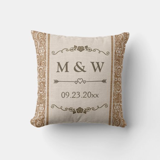 Rustic Burlap Wedding Monogram Kussen (Voorkant)