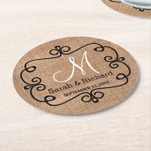 Rustic Burlap Wedding Monogram Ronde Kartonnen Onderzetter (Gebogen)