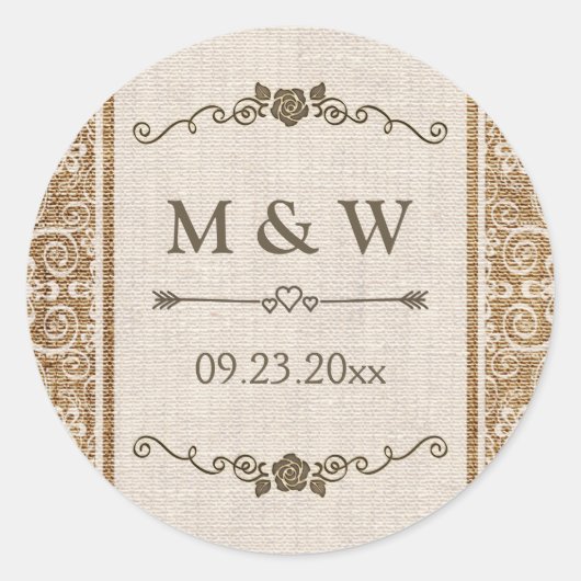 Rustic Burlap Wedding Monogram Ronde Sticker (Voorkant)
