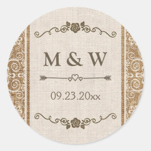Rustic Burlap Wedding Monogram Ronde Sticker