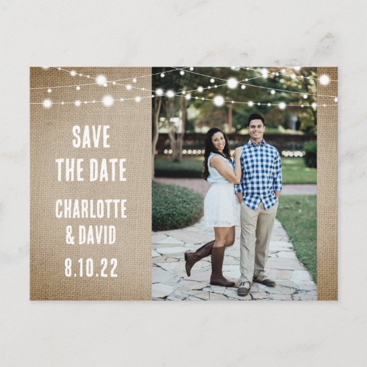Rustic  Burlap Wedding Photo Save the Date Aankondigingskaart (Voorkant)