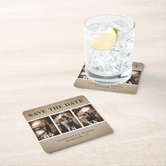 Rustic  Burlap Wedding Photo Save the Date Kartonnen Onderzetters (Insitu)