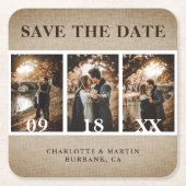Rustic  Burlap Wedding Photo Save the Date Kartonnen Onderzetters (Voorkant)