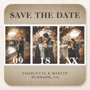 Rustic  Burlap Wedding Photo Save the Date Kartonnen Onderzetters