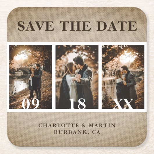 Rustic  Burlap Wedding Photo Save the Date Kartonnen Onderzetters (Voorkant)