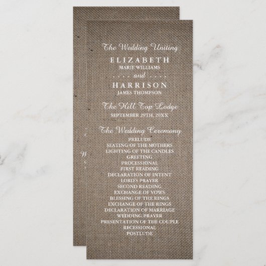Rustic Burlap Wedding Programmakaart (Voorkant / Achterkant)