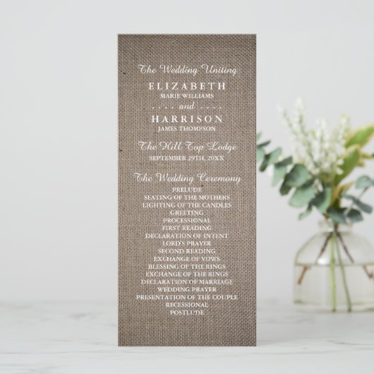 Rustic Burlap Wedding Programmakaart (Staand voorkant)