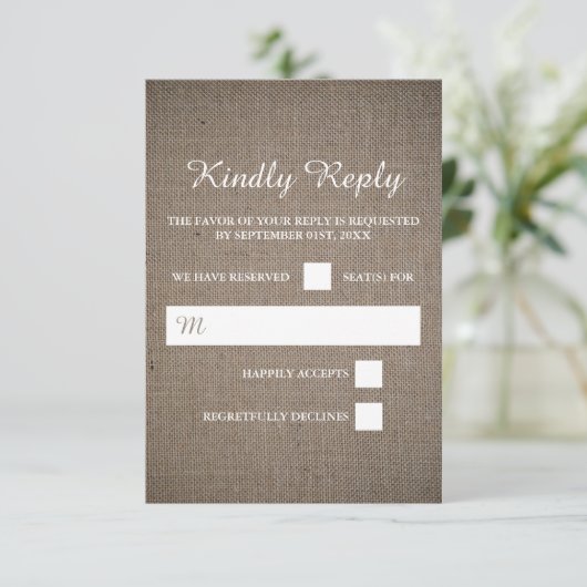 Rustic Burlap Wedding RSVP Kaartje (Staand voorkant)