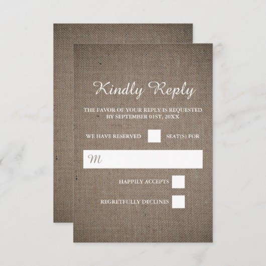 Rustic Burlap Wedding RSVP Kaartje (Voorkant / Achterkant)