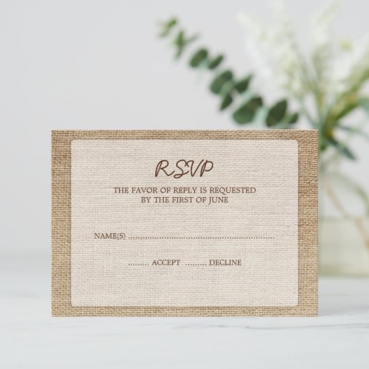 Rustic Burlap Wedding RSVP-reactiekaart RSVP Kaartje (Staand voorkant)