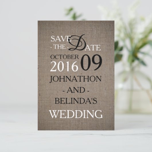 Rustic Burlap Wedding Save the Date (Staand voorkant)