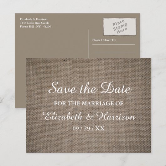 Rustic Burlap Wedding Save the Date Briefkaart (Voorkant / Achterkant)